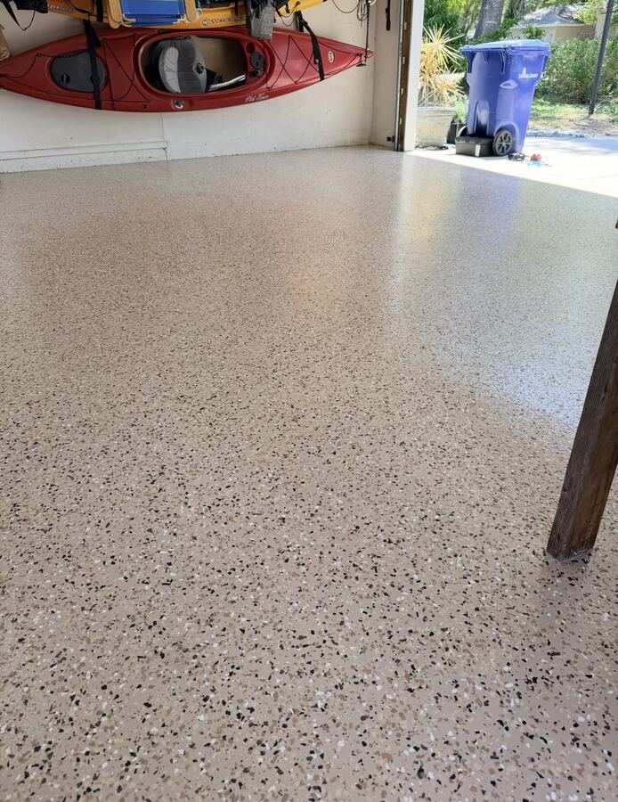 Epoxy flake garage floor coating in a Sarasota garage