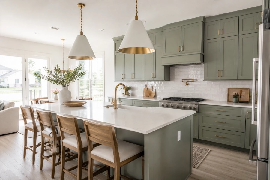 Sage green kitchen cabinets with brass hardware and a white island