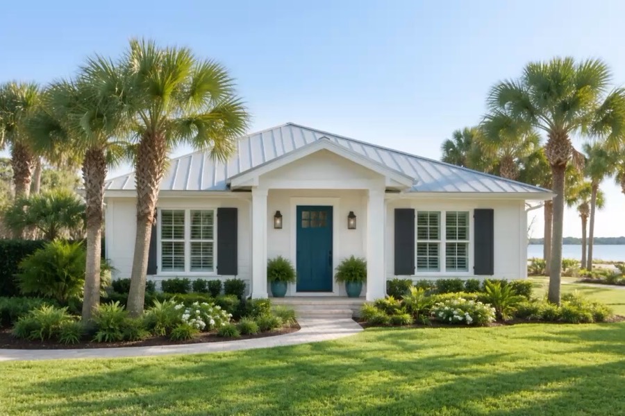 White Florida cottage with a metal roof, navy shutters and a teal front door