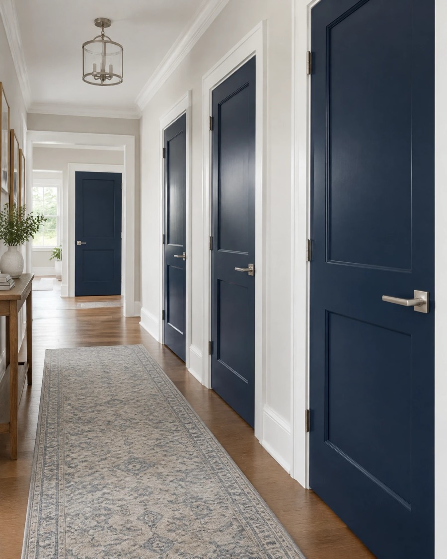 Hallway with navy-painted doors and white trim