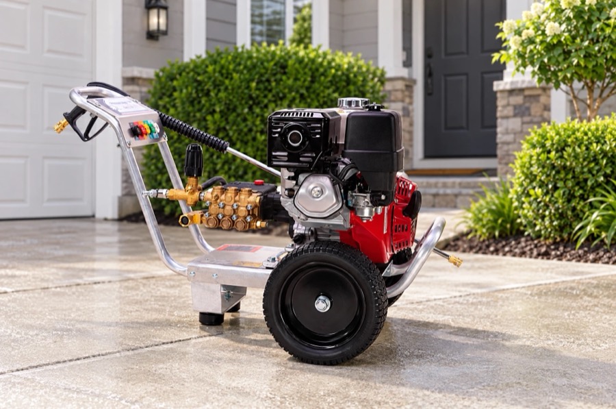 Gas pressure washer staged in a driveway outside a home