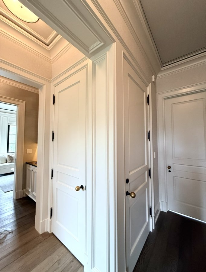 Painted paneled hallway doors with brass hardware and black hinges
