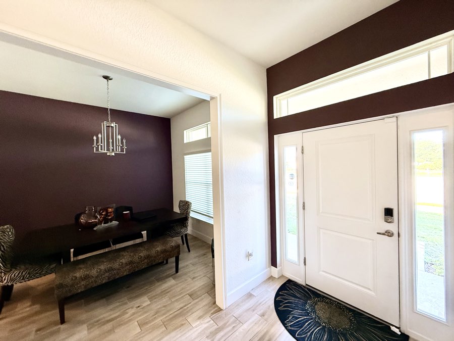 Deep plum accent wall in a front entryway with white door